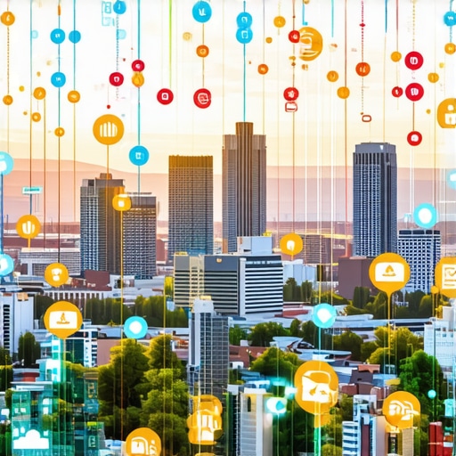 Cityscape of Denver with icons representing SEO and community engagement
