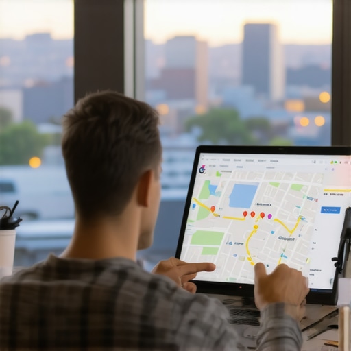 Business owner analyzing SEO data in Denver with cityscape