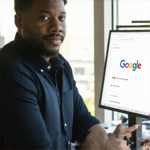 Optimizing Google Maps Profile in Denver Business owner updating Google My Business profile with Denver skyline in background.