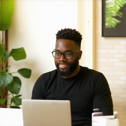 Business owner updating Google My Business profile with photos and details.