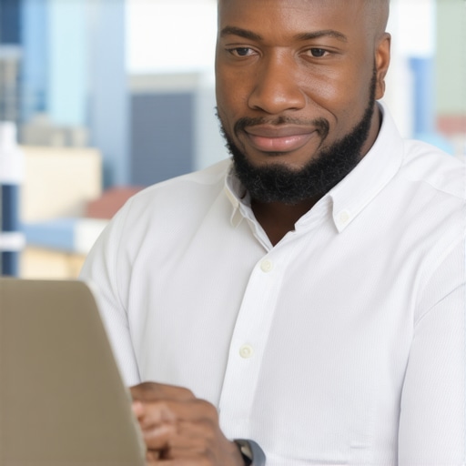 Optimizing Google Business Profile in Denver Business owner updating Google My Business profile on laptop with Denver cityscape