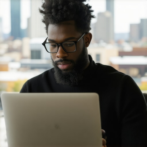 Denver business owner working on Google My Business profile with city skyline behind