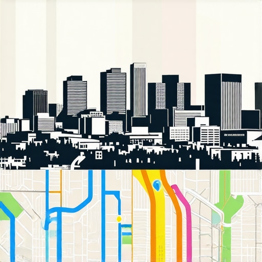 Illustration of Denver cityscape with maps and SEO icons