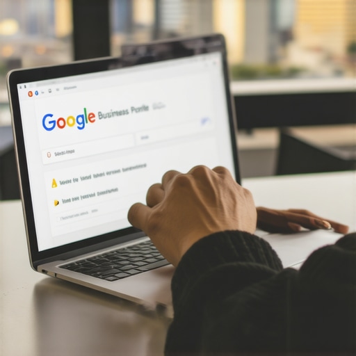 Optimizing GMB Profile Denver Person updating Google My Business profile with Denver cityscape in background.