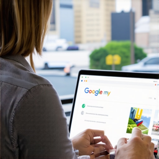 Business owner updating Google My Business profile on a laptop with Denver cityscape