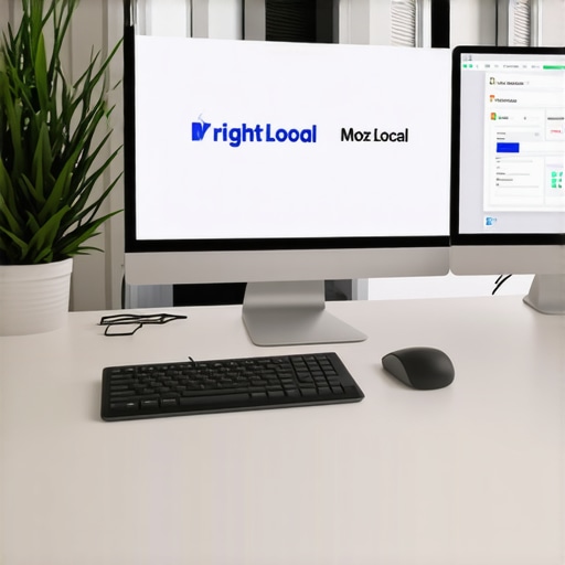 A desk with computer screens displaying local SEO dashboards alongside a Denver skyline backdrop.